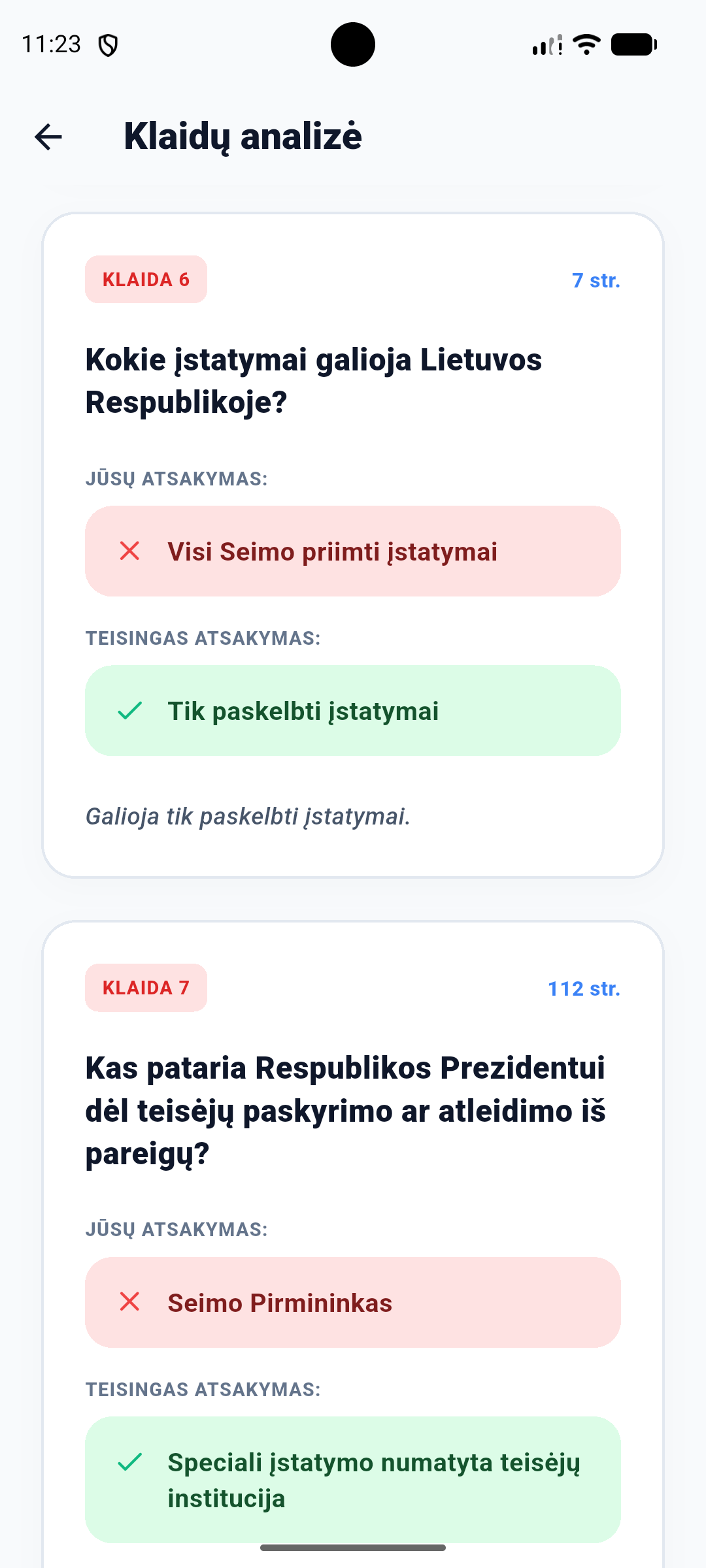 Klaidų analizės ekranas
